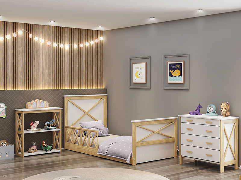 quarto infantil com móveis montessorianos e luizinhas na parede