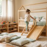 Criança brincando em quarto com cama de madeira