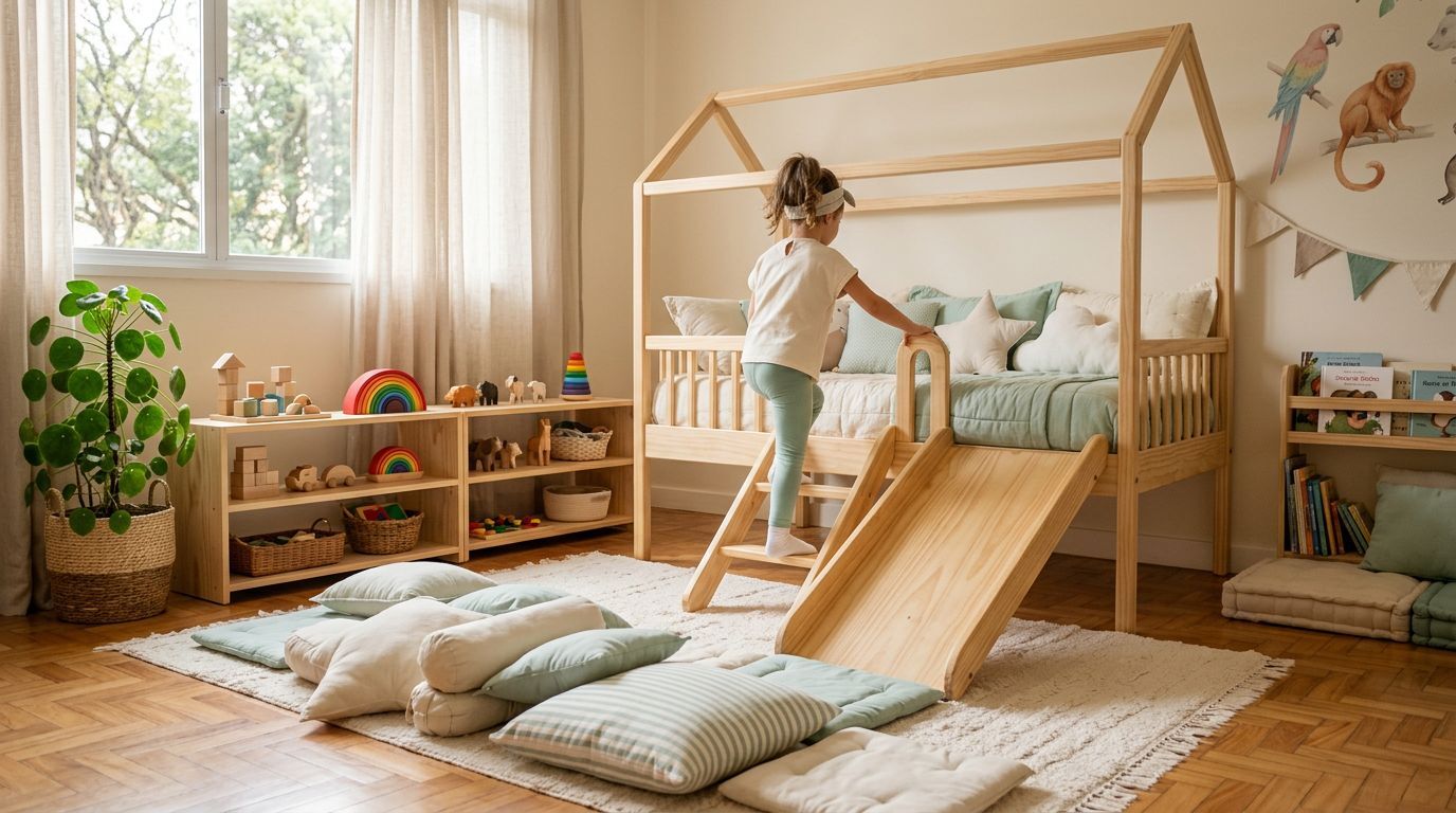 Criança brincando em quarto com cama de madeira