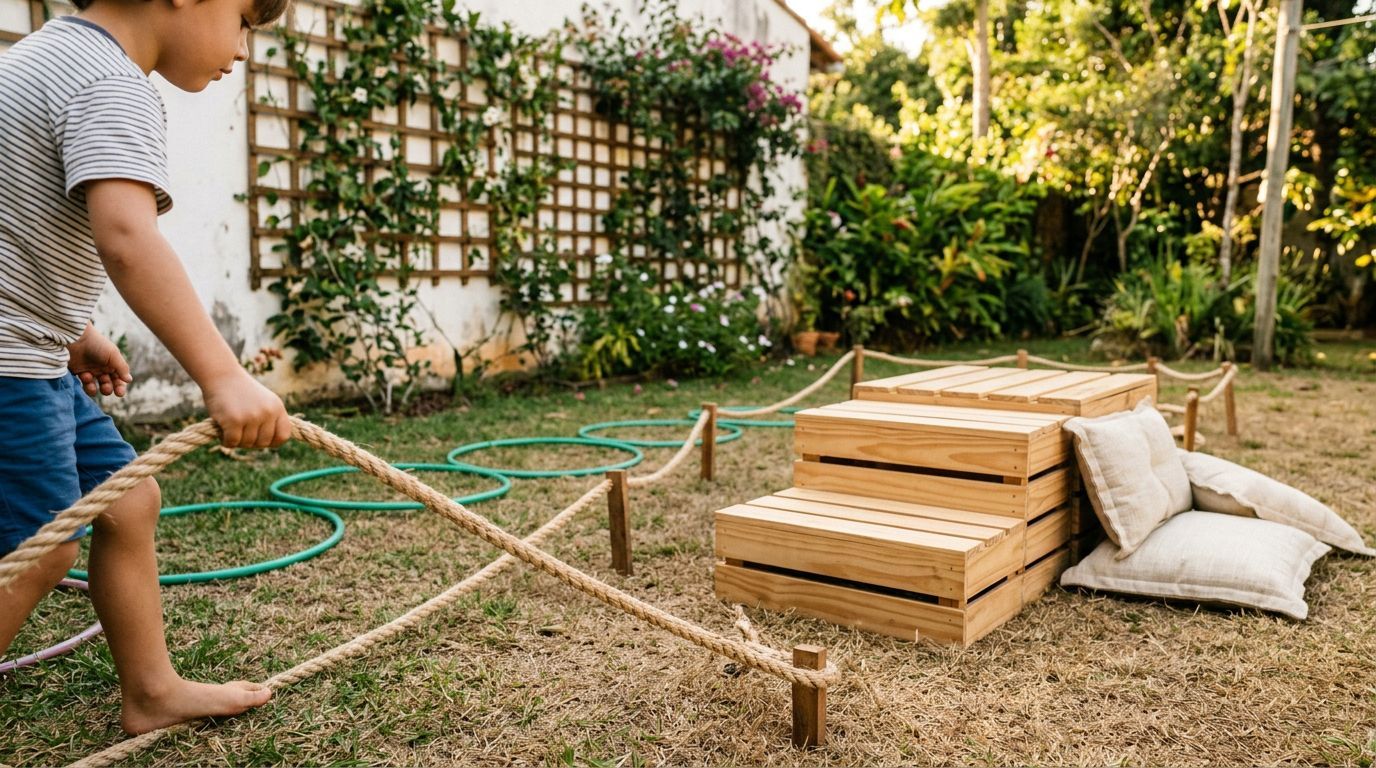 Criança brincando em um jardim com caixas de madeira