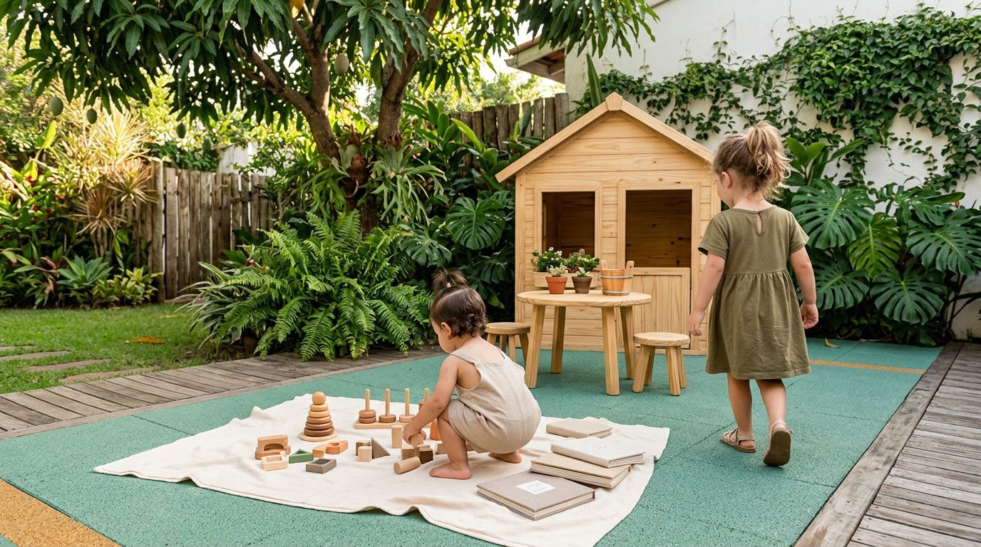 Dupla de meninas brincando em jardim com brinquedos de madeira