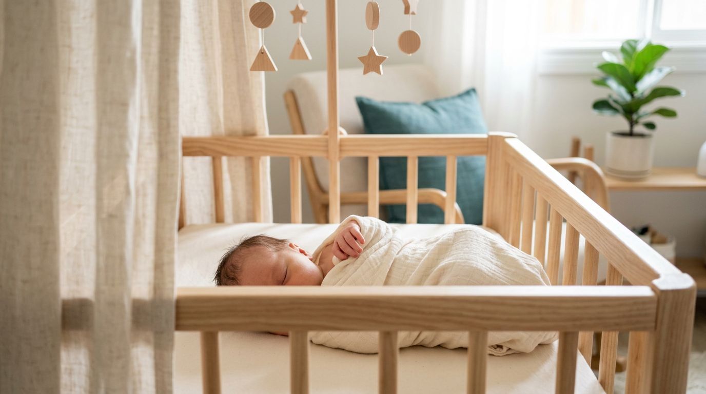 Bebê dormindo em berço de madeira com móveis modernos.