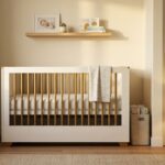 Quarto de bebê com berço moderno e decoração clara