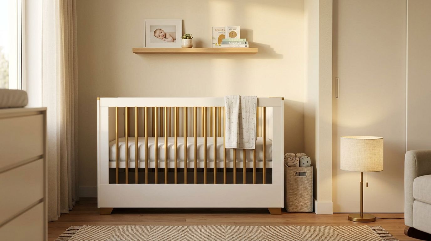 Quarto de bebê com berço moderno e decoração clara
