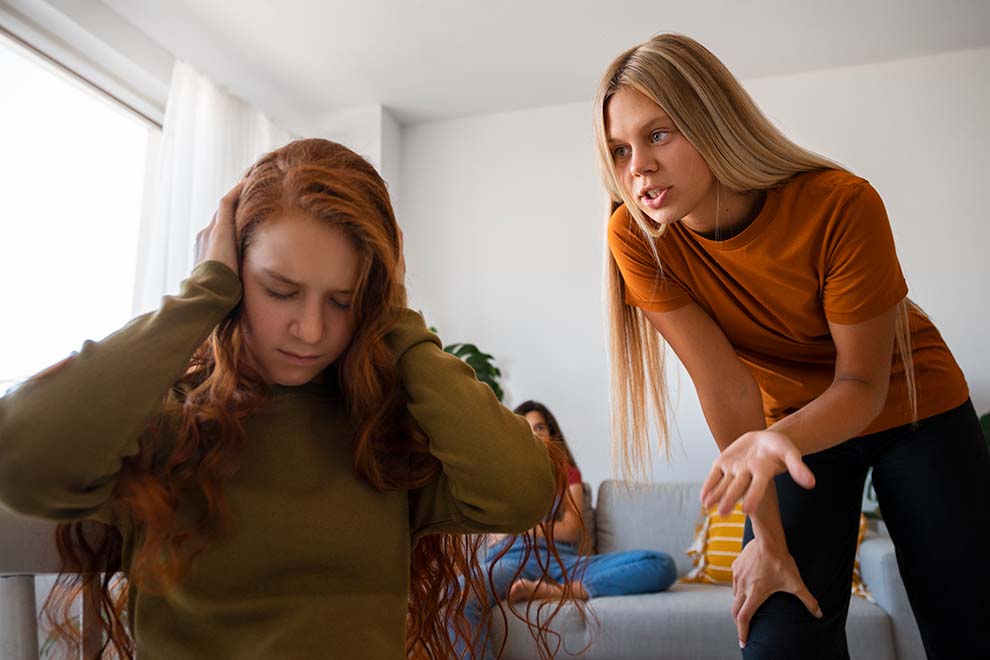 Discussão entre irmãs em sala de estar moderna.