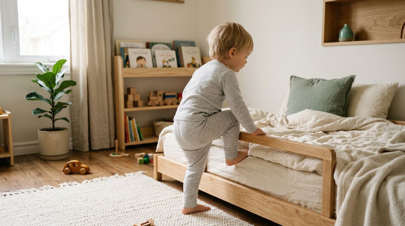 Criança subindo na cama em quarto decorado