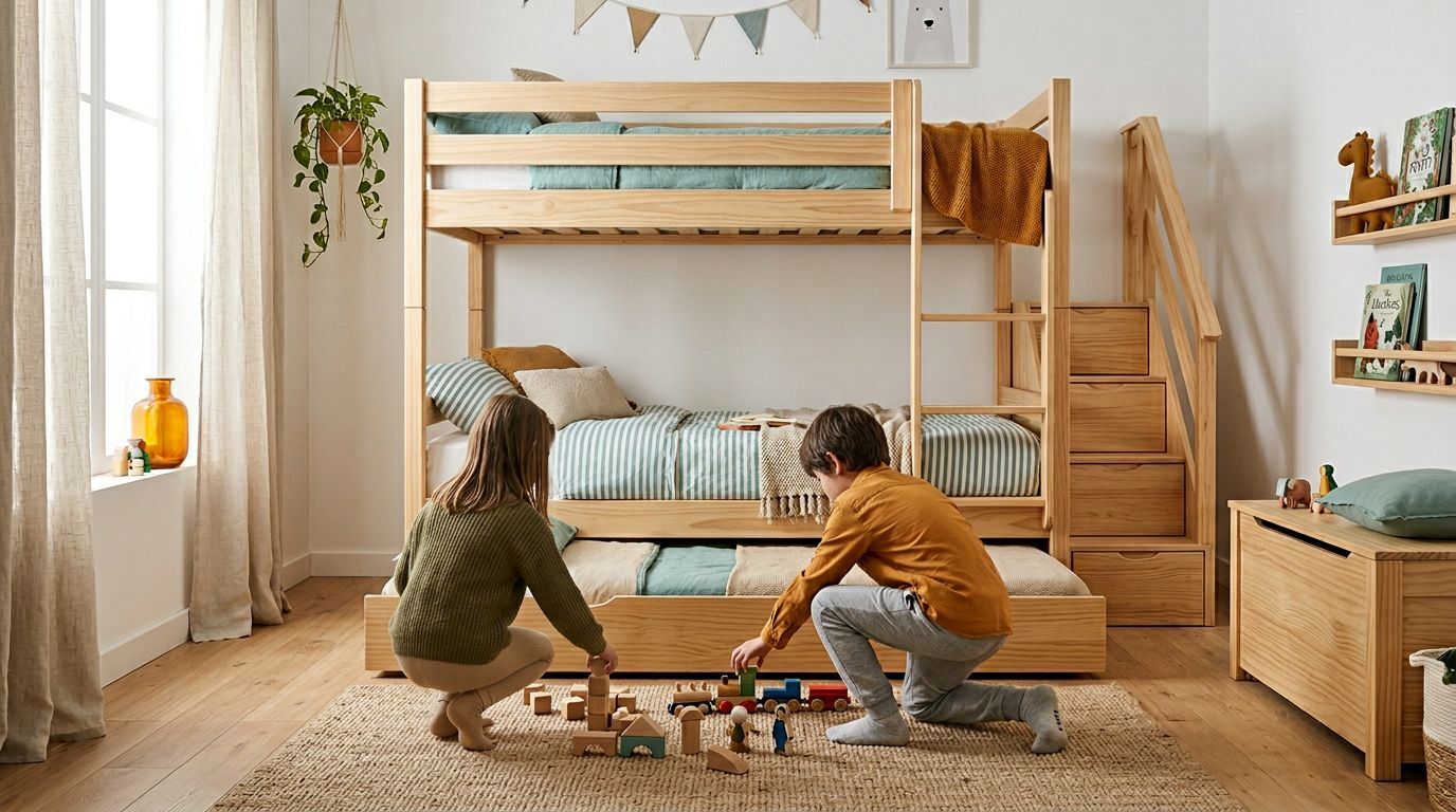 Crianças brincando em quarto com beliche de madeira.