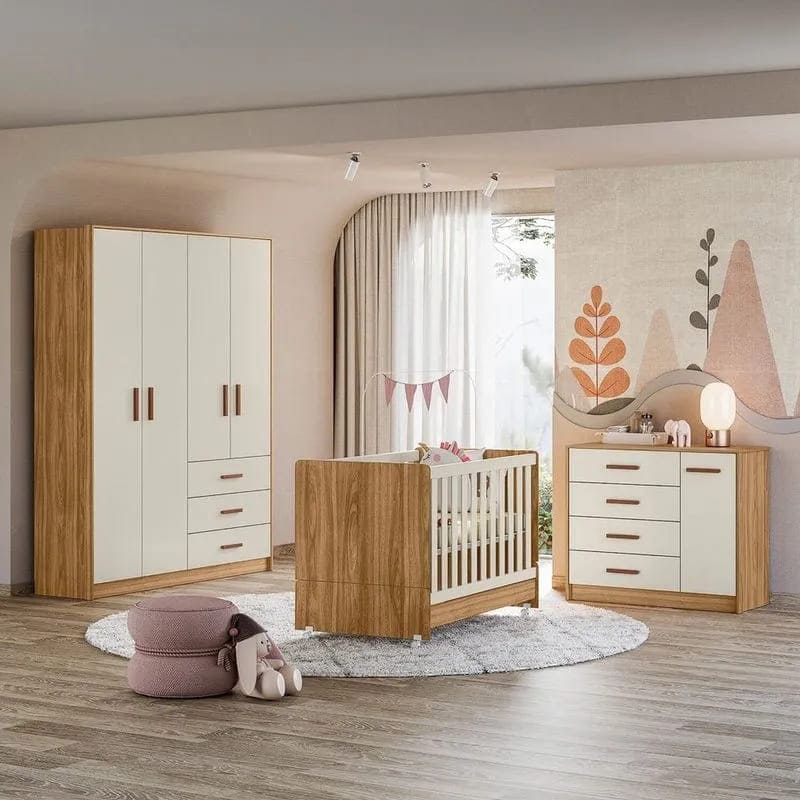 Quarto de Bebê Completo Guarda-roupa 4 Portas, Berço Mini Cama Encanto e Cômoda 4 Gavetas Pérola nature/branco off