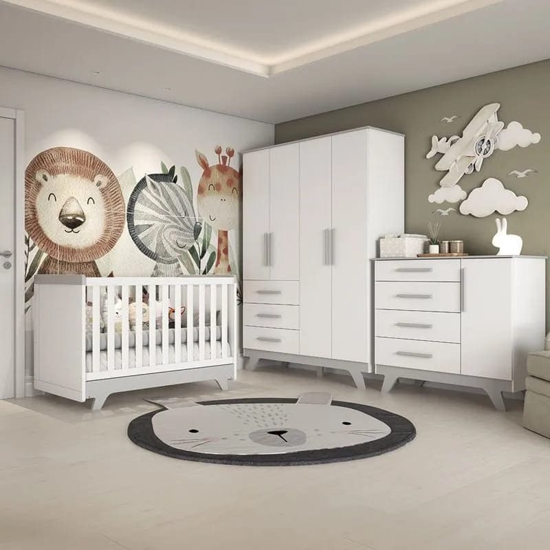 Quarto de Bebê Completo com Guarda Roupa Cômoda e Berço 100% MDF Jolie Retrô Espresso Móveis Branco/Cinza