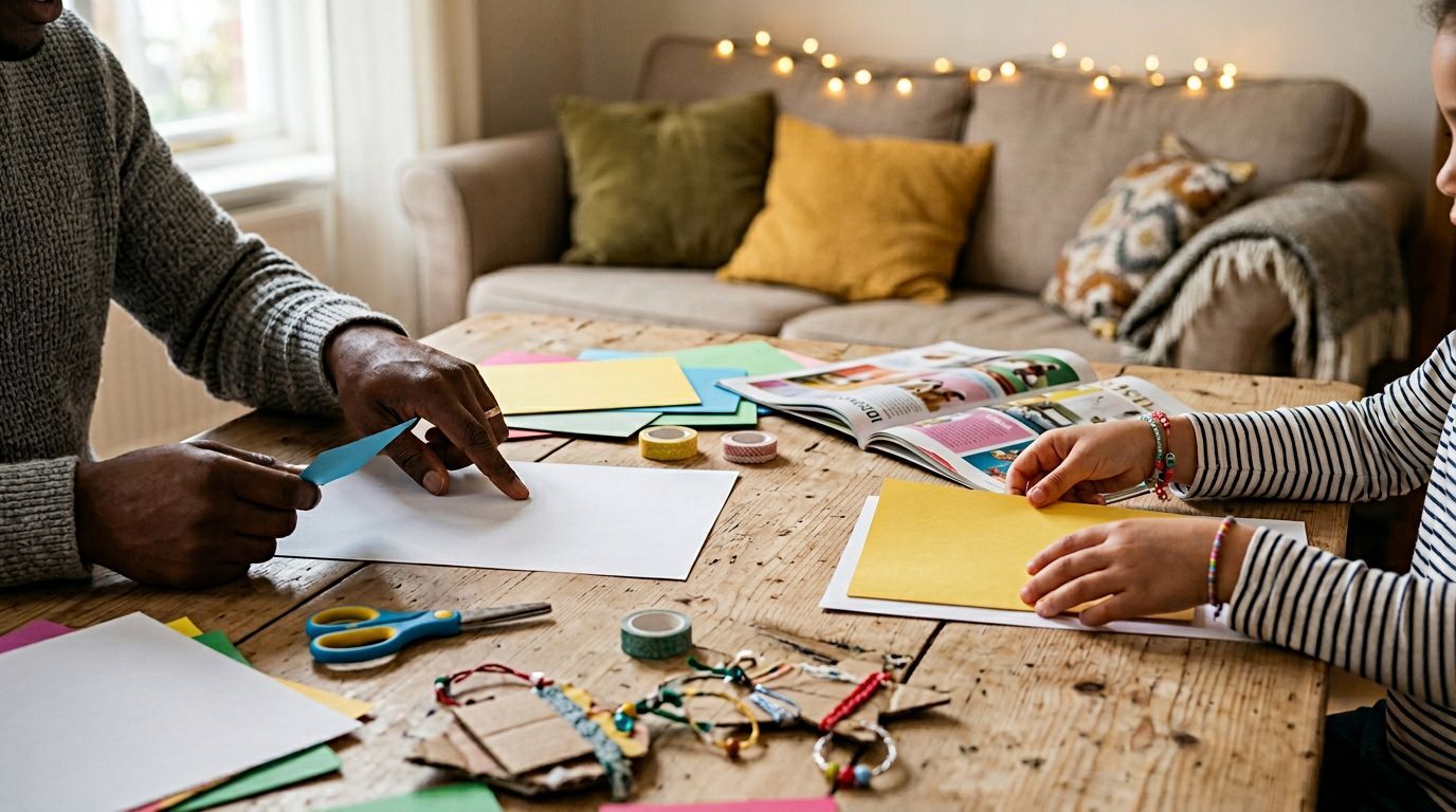 Atividade de artesanato com crianças e materiais coloridos.
