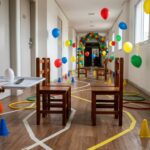 Corredor decorado para festa infantil com mesas e balões coloridos.