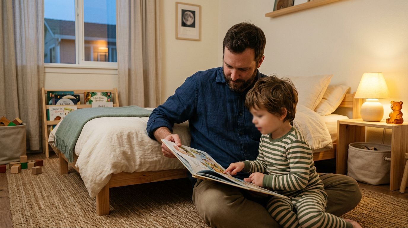 Pai lendo livro para filho em quarto aconchegante