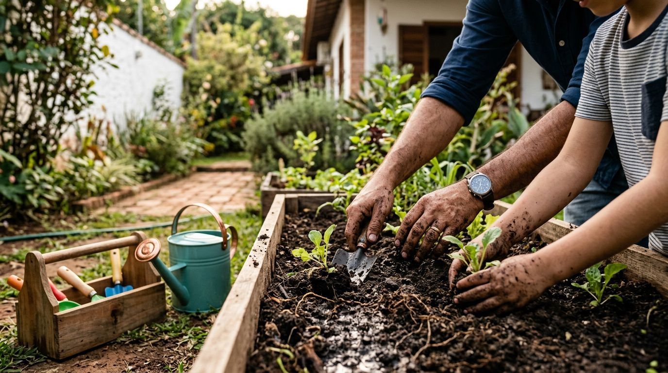 Plantio de muda em horta caseira com criança
