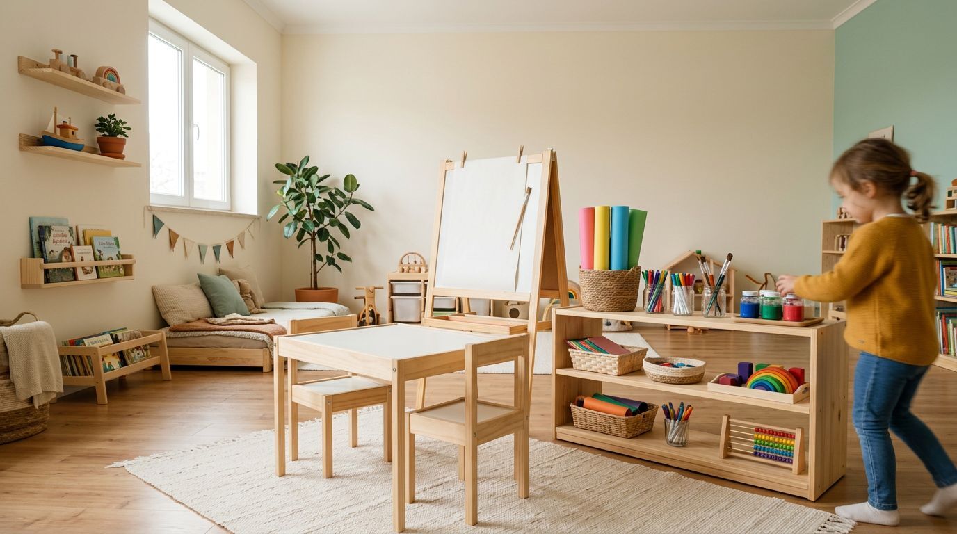 Sala de aula infantil com mesa, cadeiras e materiais de arte.