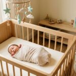 Bebê dormindo em berço de madeira com decoração suave