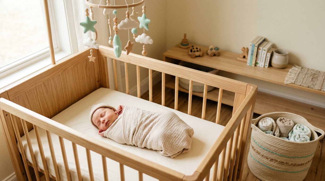 Bebê dormindo em berço de madeira com decoração suave