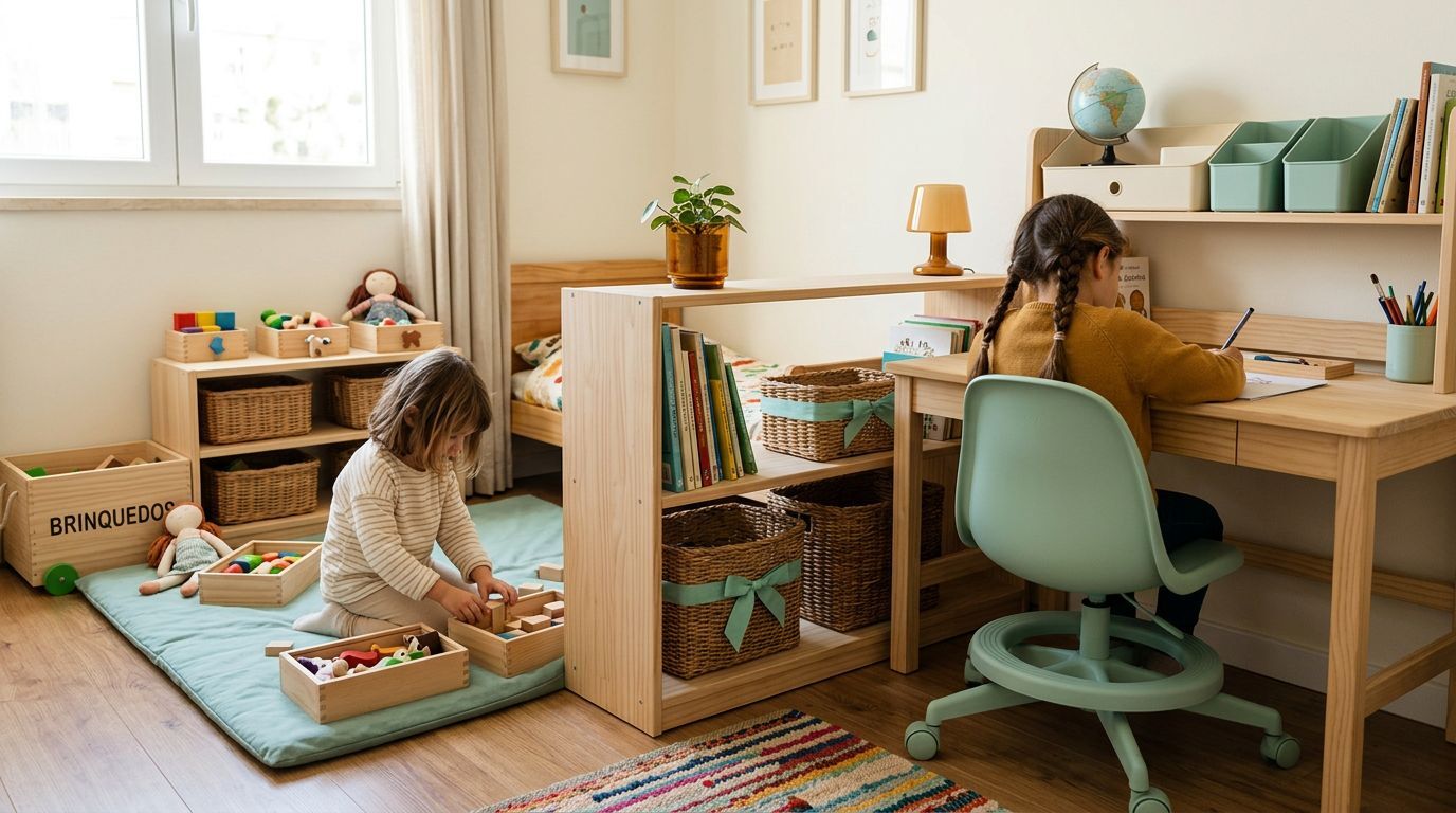 Crianças brincando em um quarto organizado