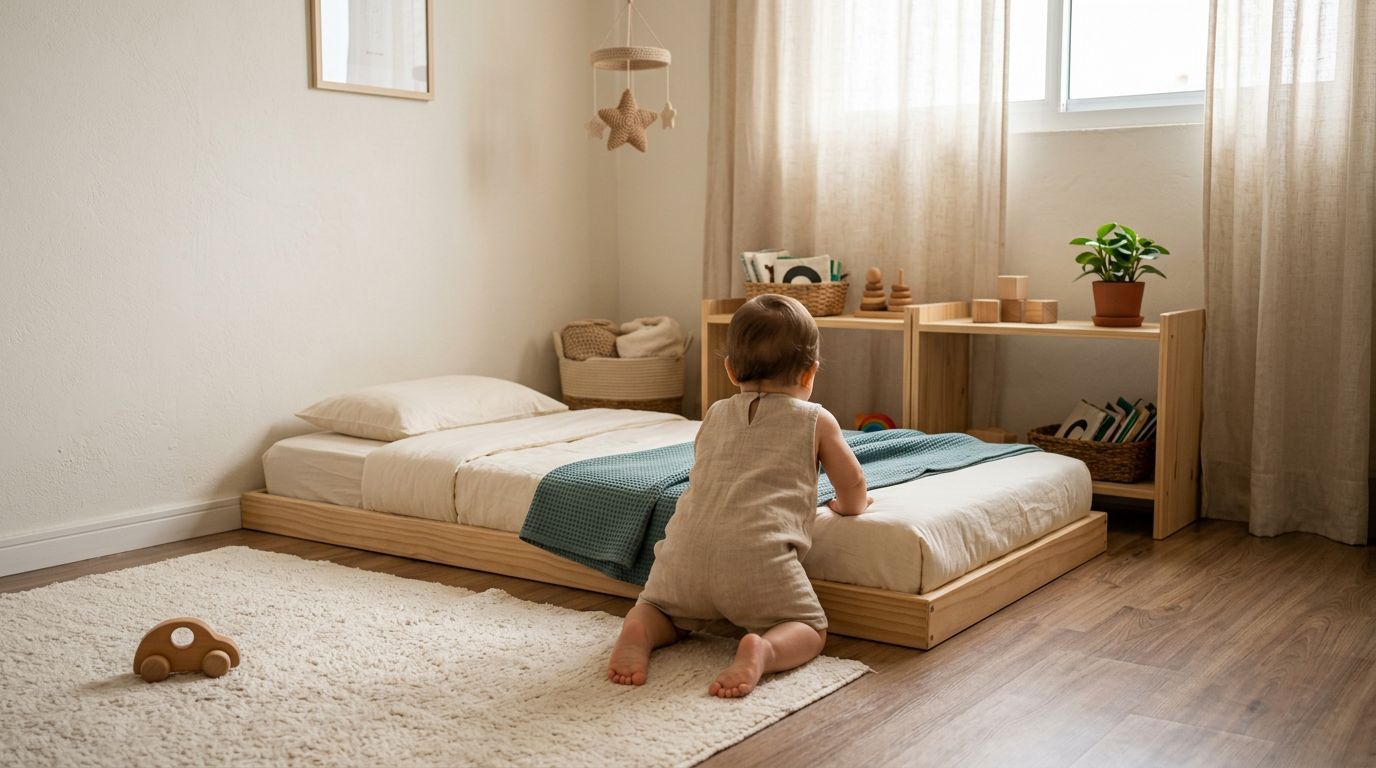 Quarto infantil com cama baixa e criança brincando