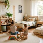 Quarto infantil com crianças brincando e organização alegre