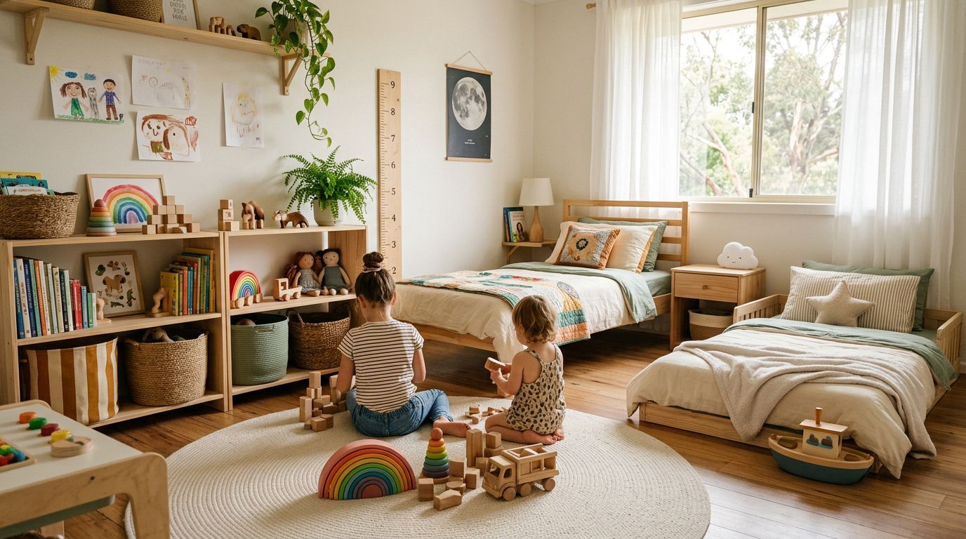 Quarto infantil com crianças brincando e organização alegre