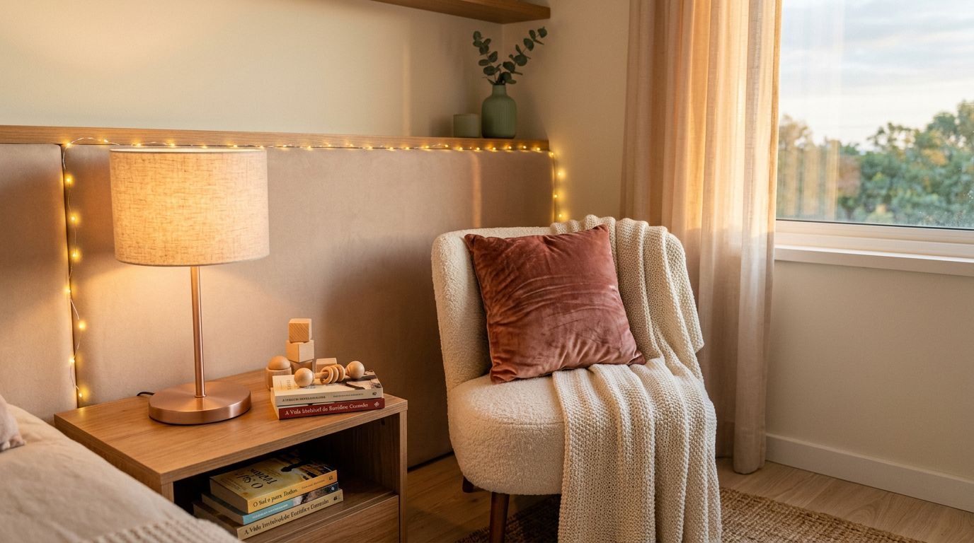 Canto aconchegante de quarto com luzes e decoração suave