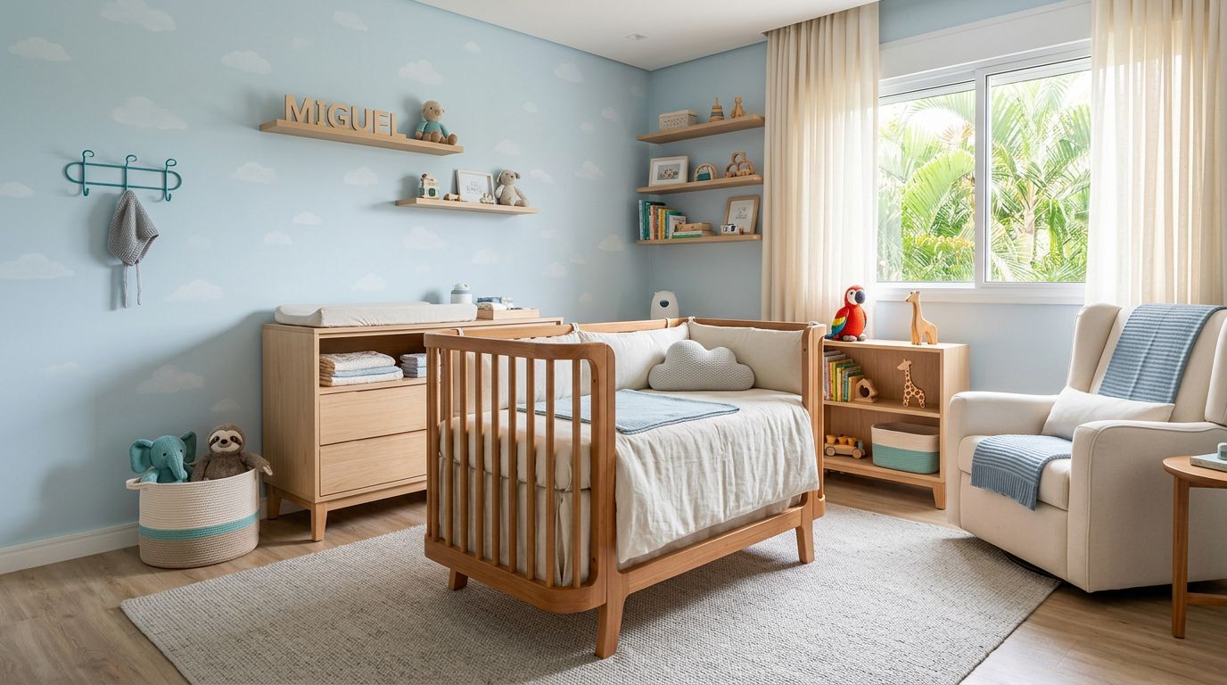 Quarto de bebê com decoração azul e móveis em madeira.