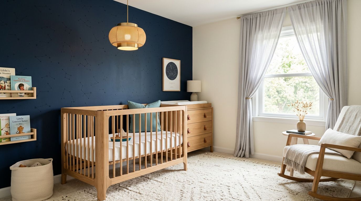 Quarto de bebê moderno com berço e decoração suave