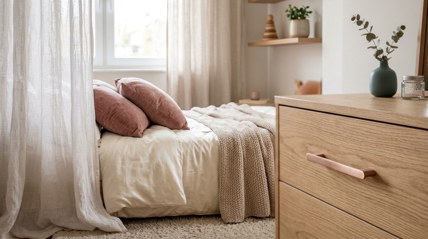 Quarto moderno com cama e decoração suave