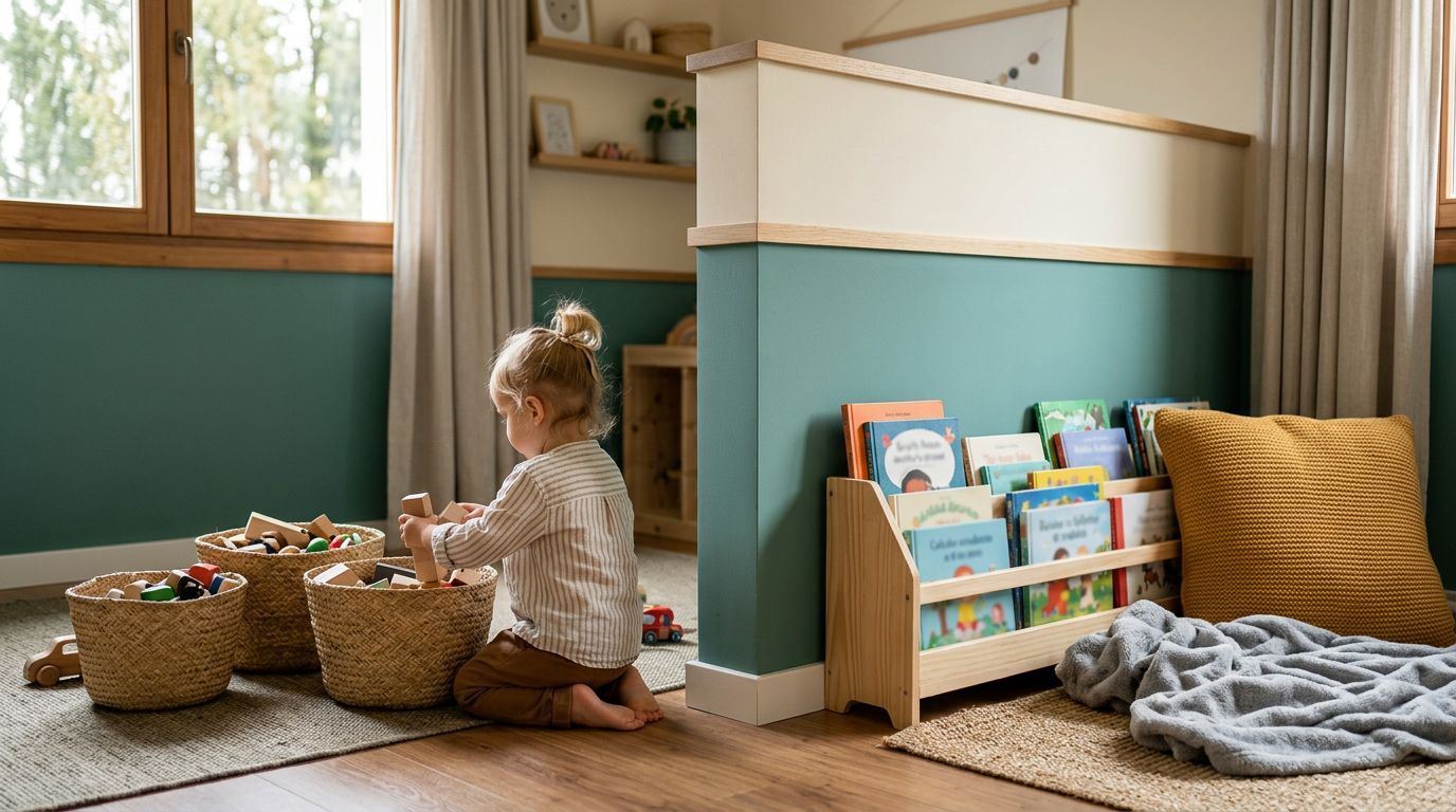 Criança brincando em um quarto infantil organizado