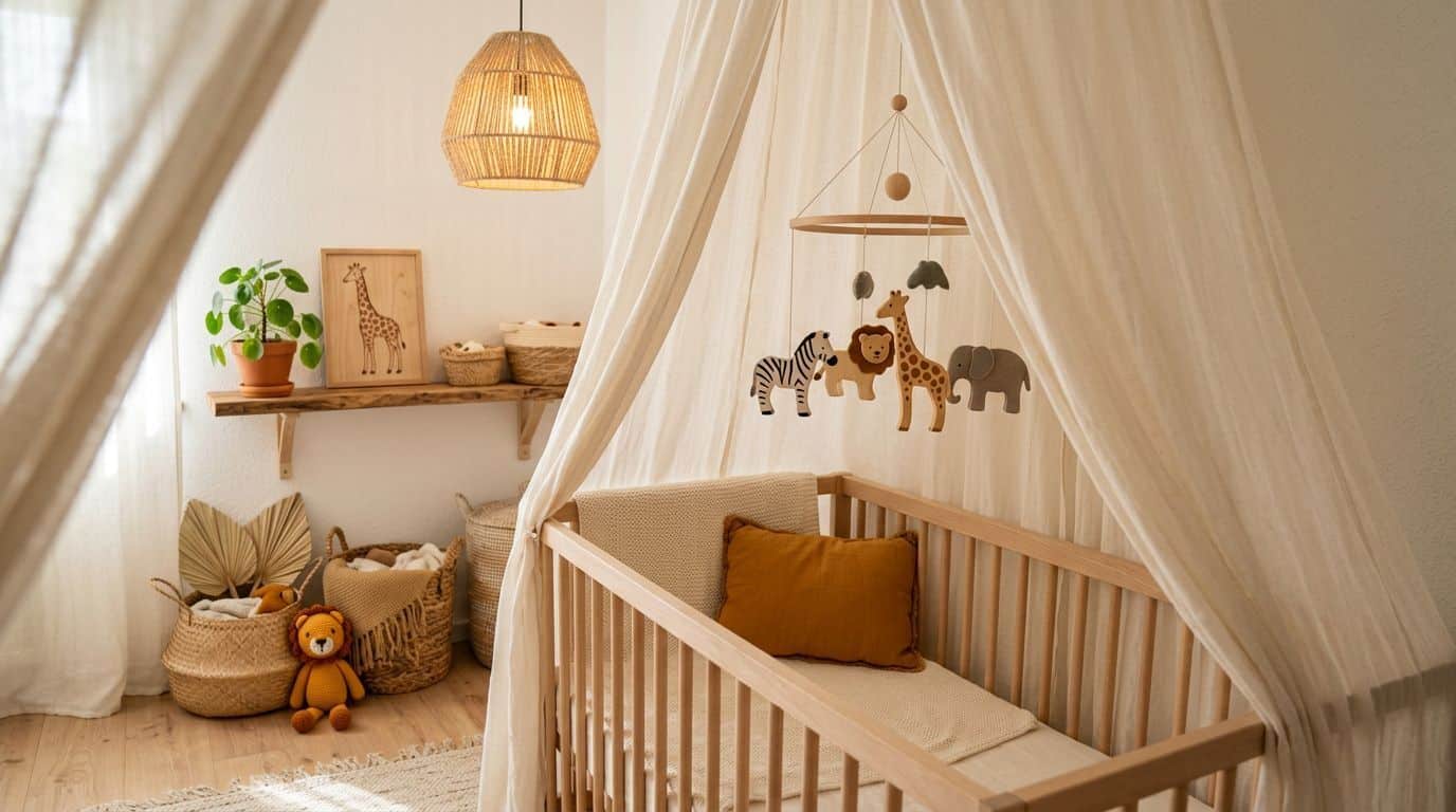 Quarto de bebê com berço e decoração de animais
