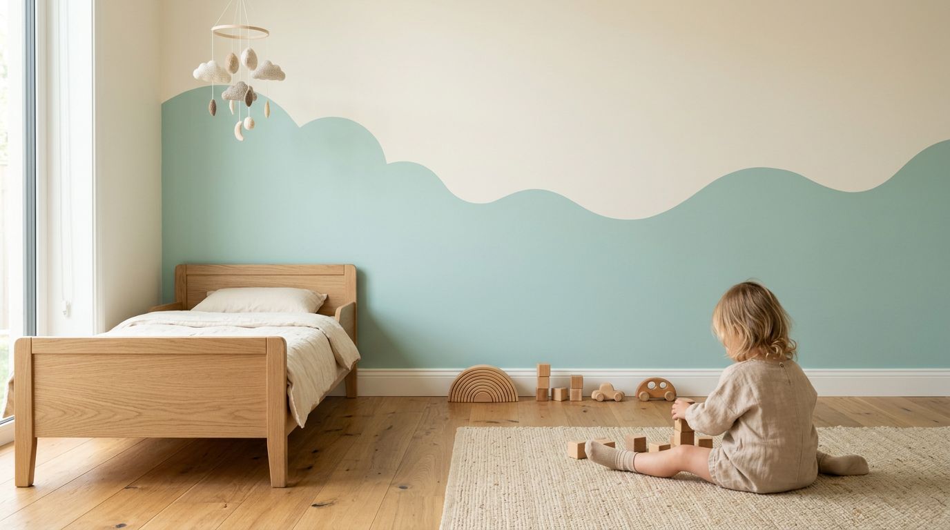 Criança brincando em quarto minimalista