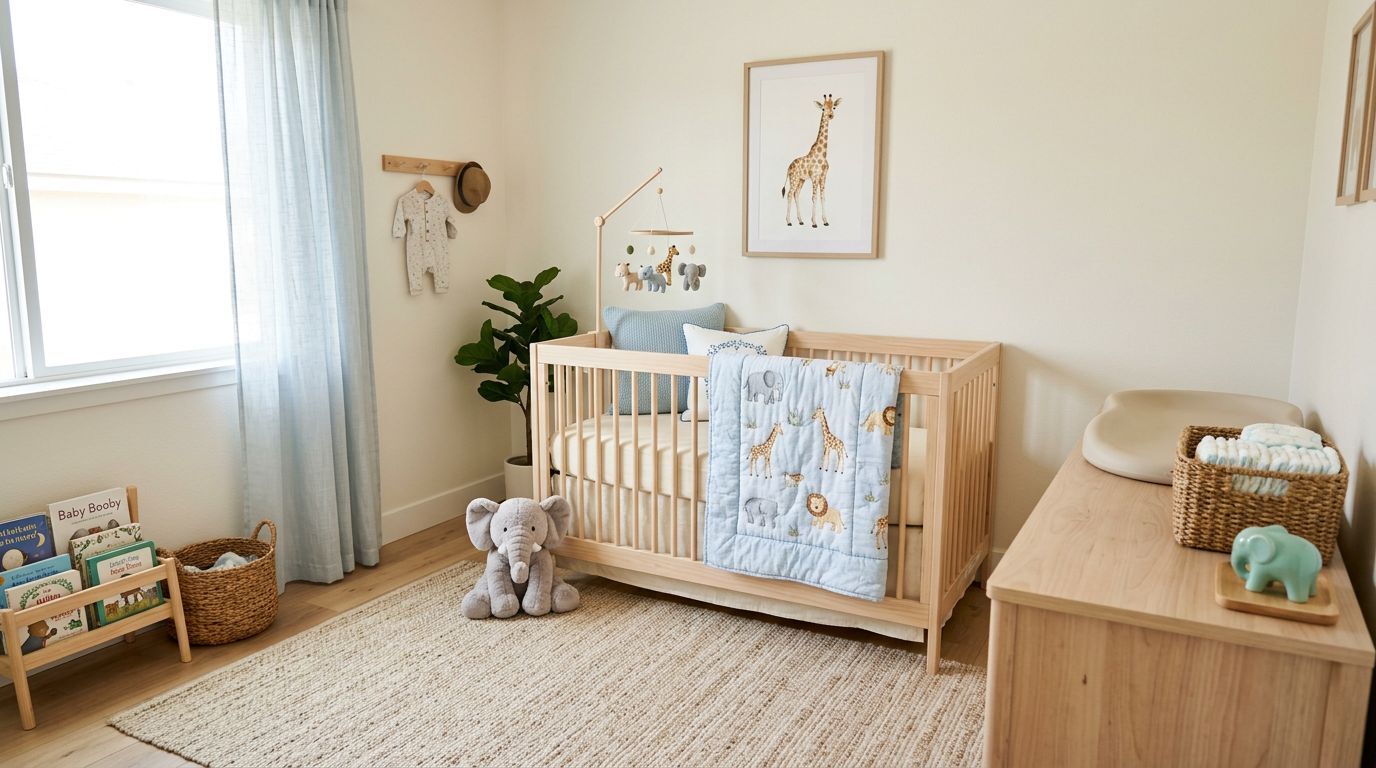 Quarto infantil com berço, ursinho e decoração neutra