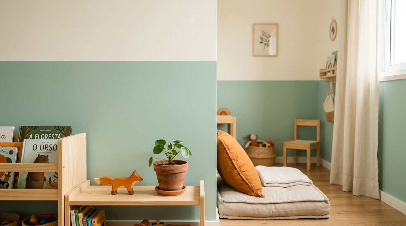 Quarto infantil decorado com tons de verde e móveis de madeira.