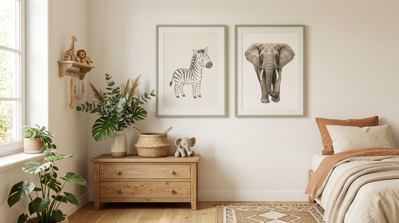 Quarto infantil com quadros de zebra e elefante.
