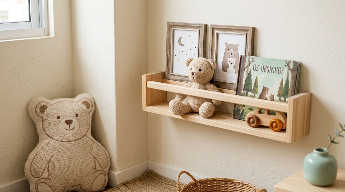 Decoração infantil com ursinhos e livros na prateleira