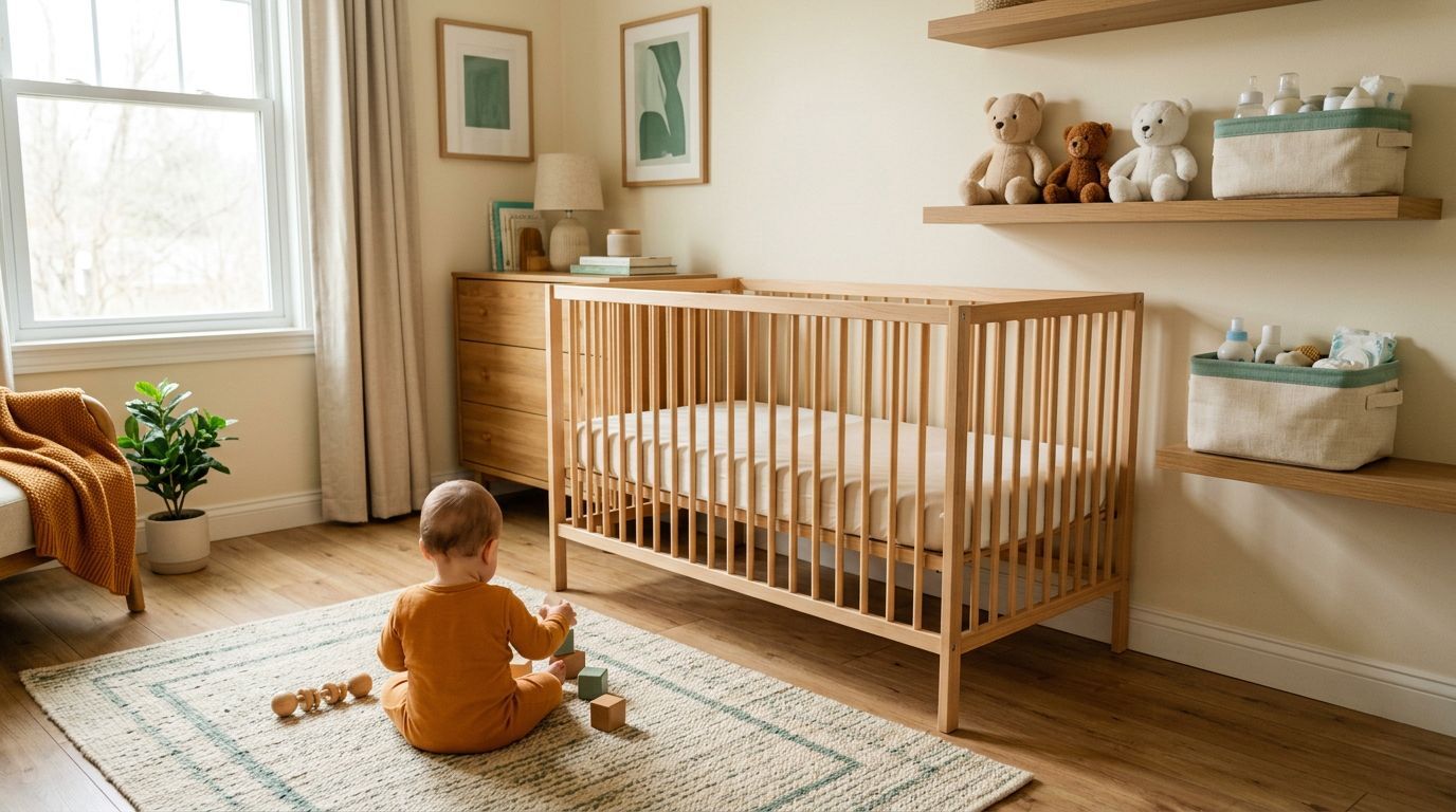 bebê brincando no quarto com berço de madeira