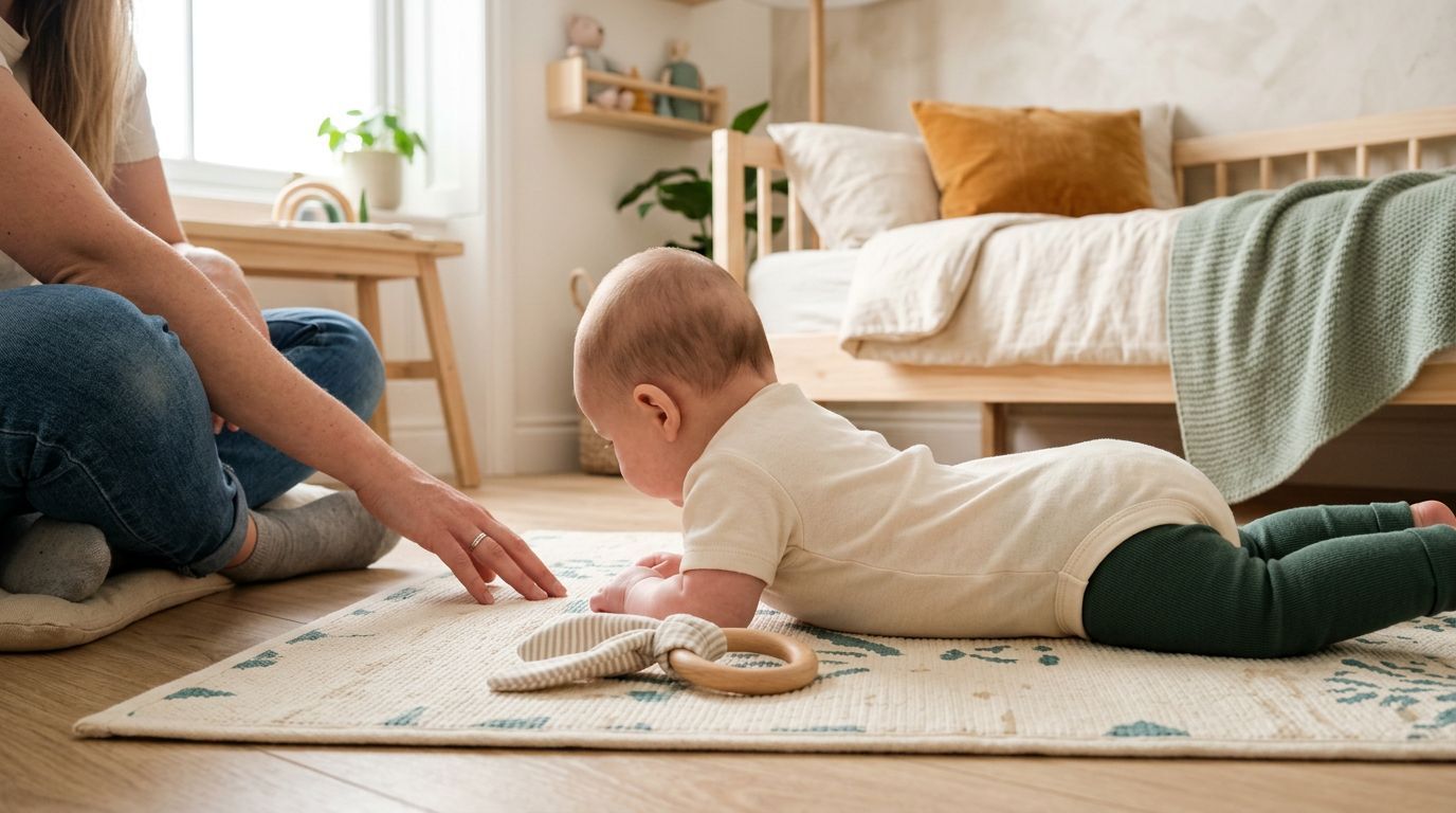 Bebê brincando no tapete com adulto próximo