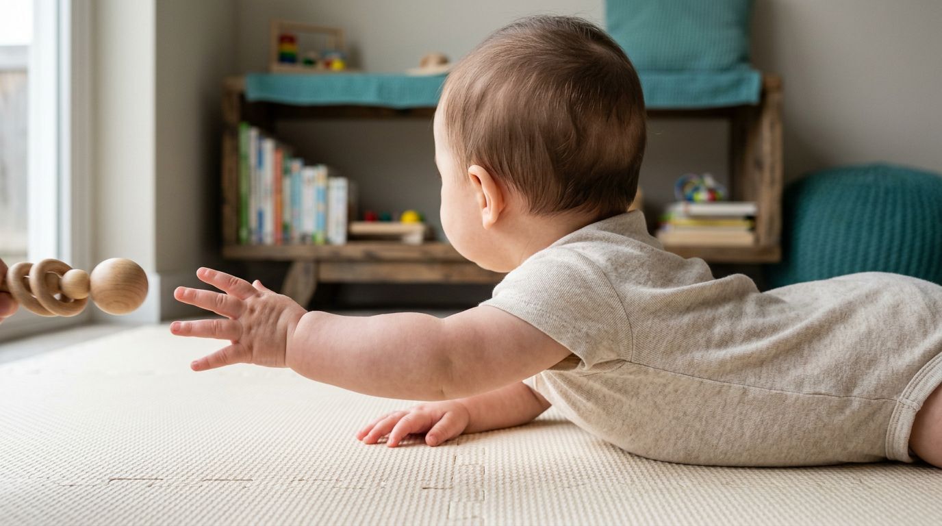 Bebê brincando em tapete na sala