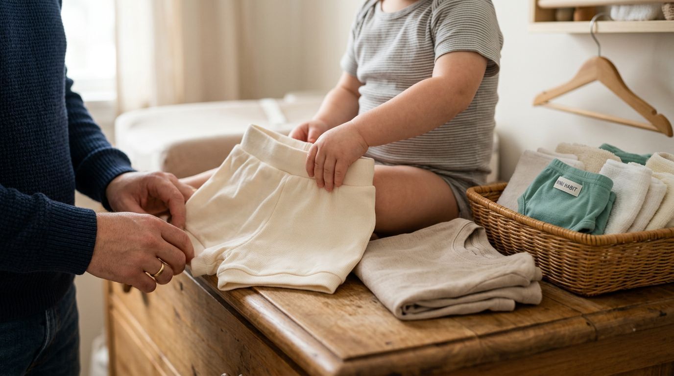 Criança ajudando a dobrar roupas em cômoda