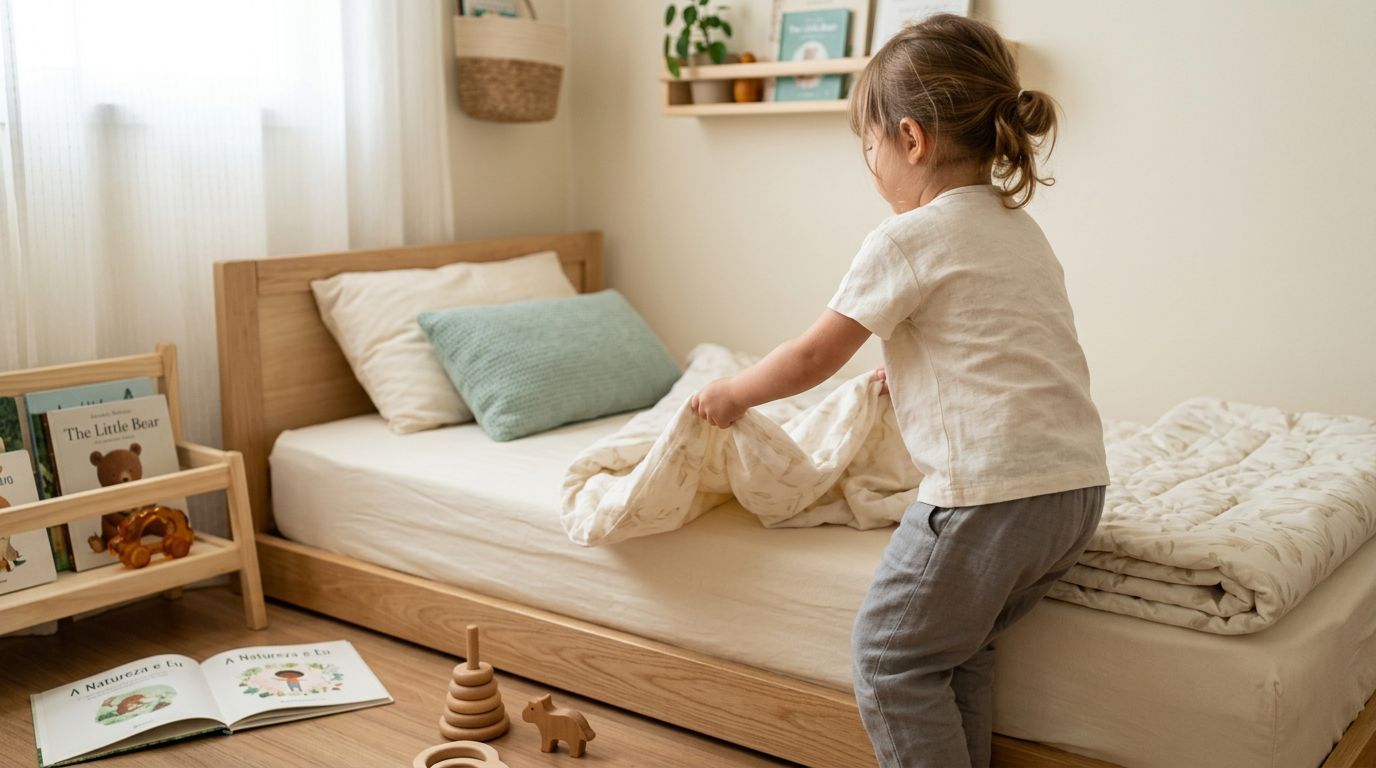 Criança arrumando a cama em quarto infantil.