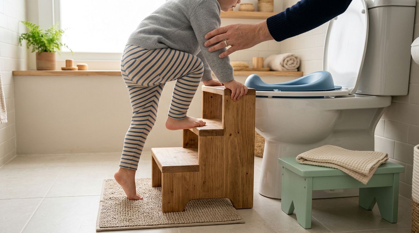 Criança subindo escada para usar o vaso sanitário.