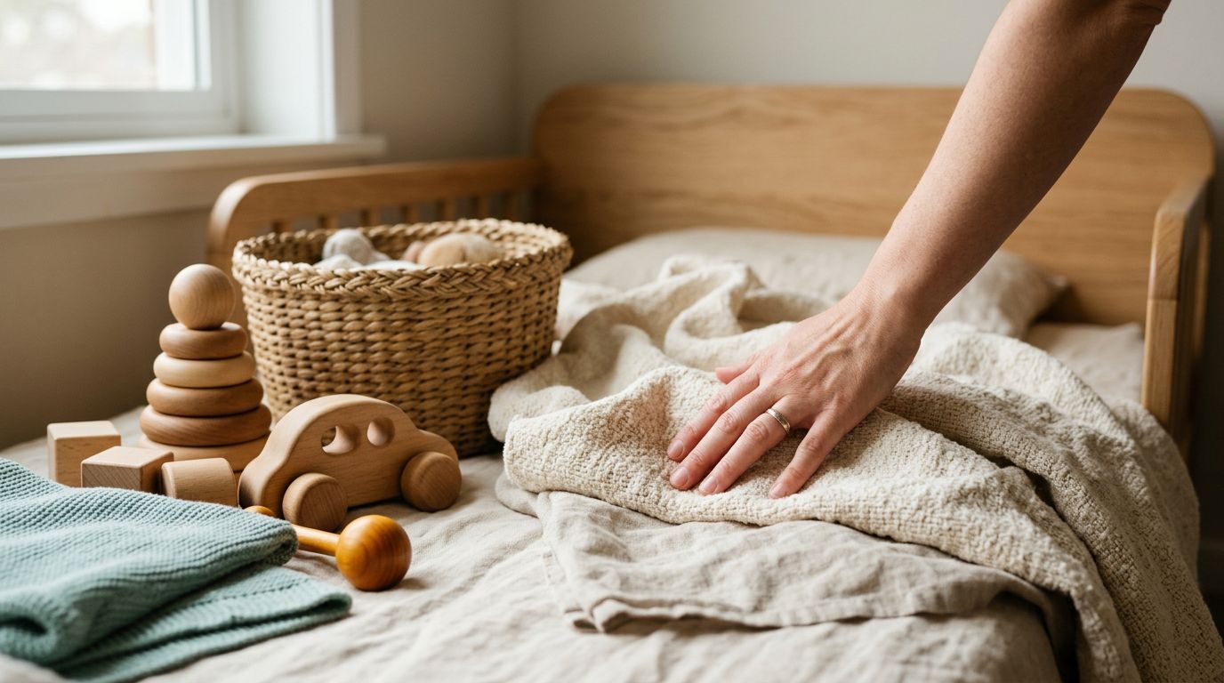 Mão arrumando a cama de um quarto infantil