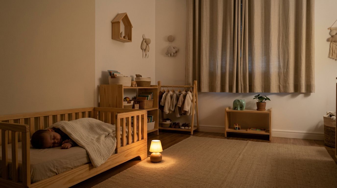 Quarto de bebê com luz suave e móveis de madeira