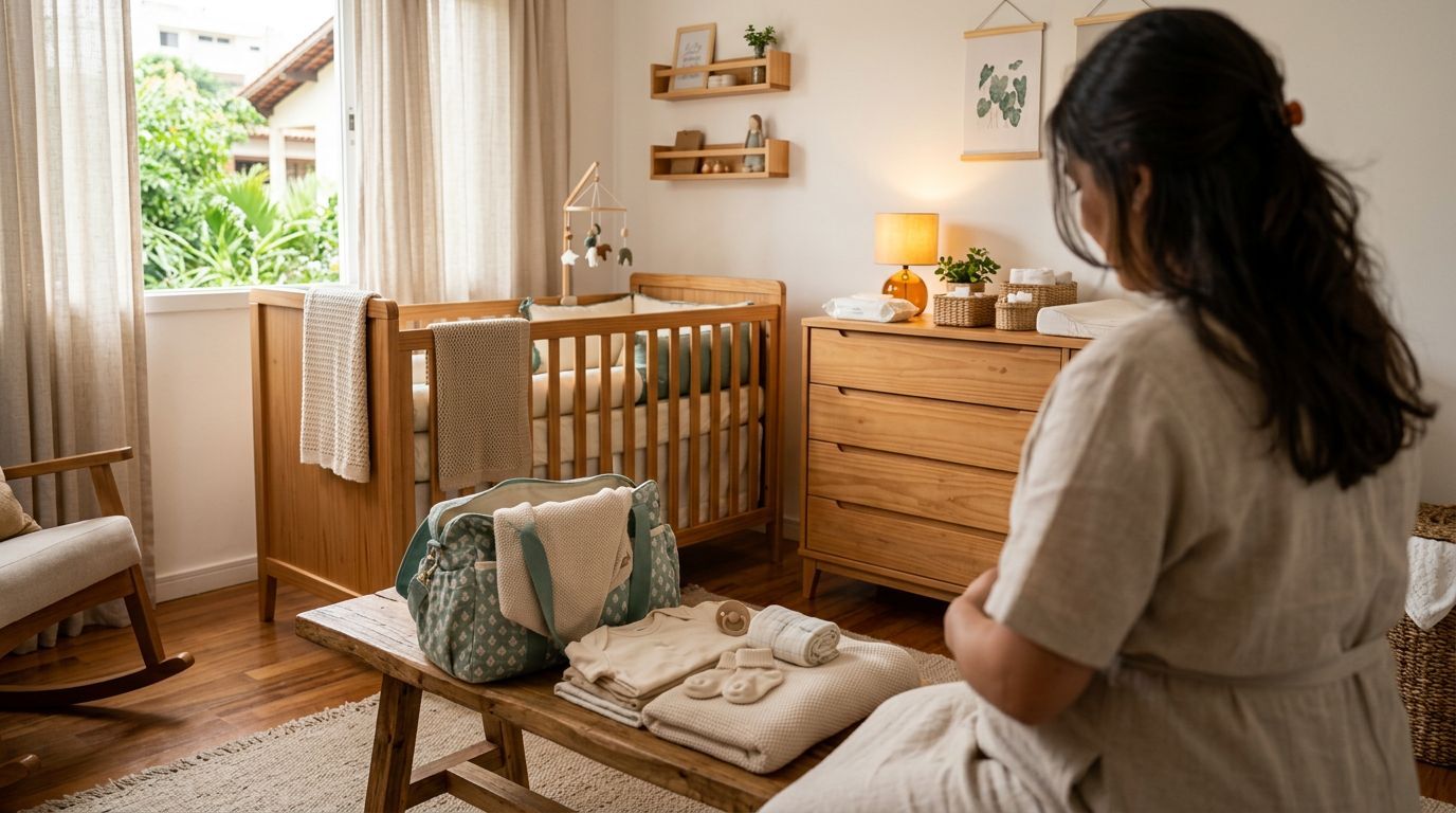 Quarto de bebê com berço e mãe organizando roupas.