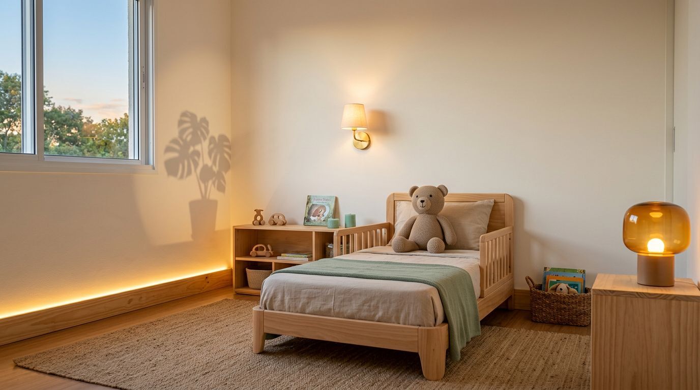 Quarto infantil aconchegante com cama de madeira e ursinho.