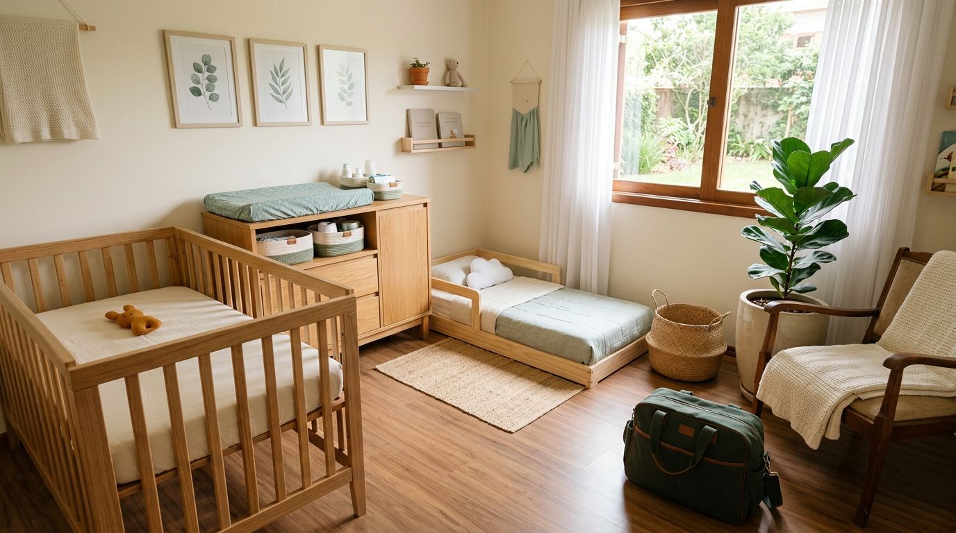 Quarto infantil moderno com berço e cama infantil.