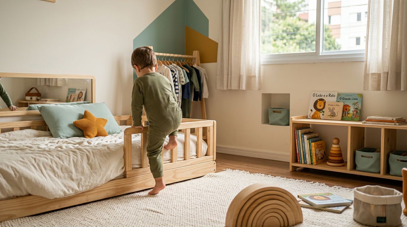Criança brincando em quarto infantil moderno e aconchegante