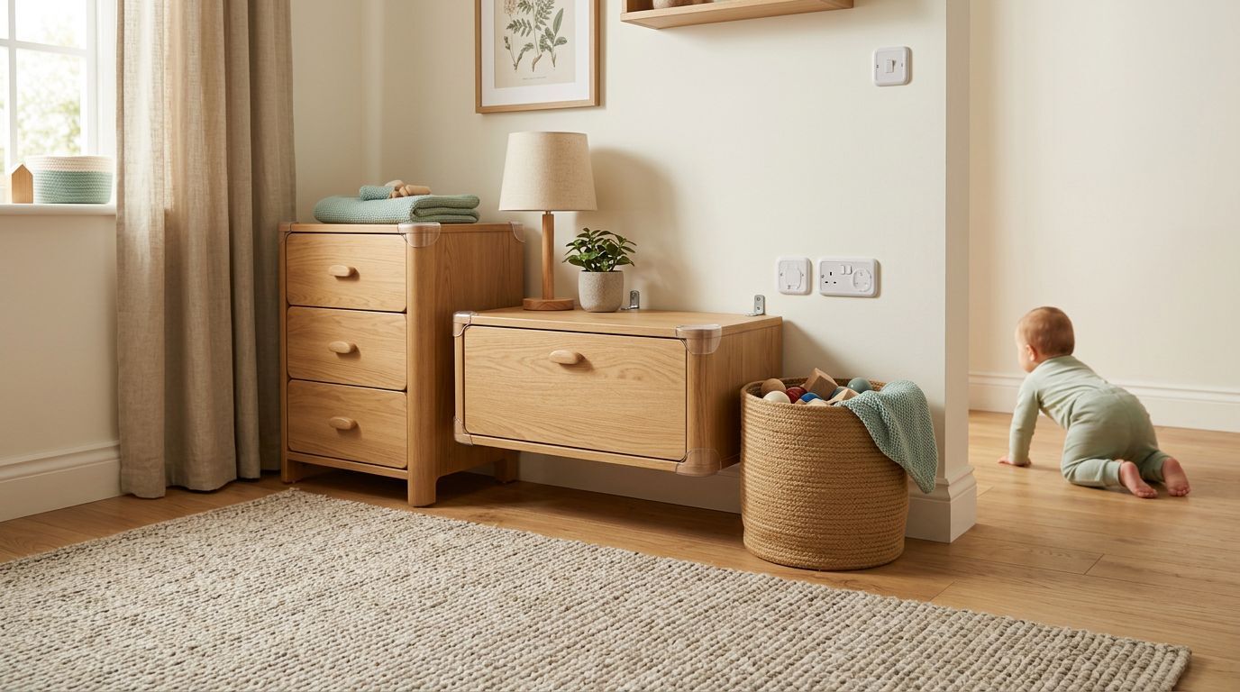 Quarto infantil com móveis de madeira e bebê engatinhando.